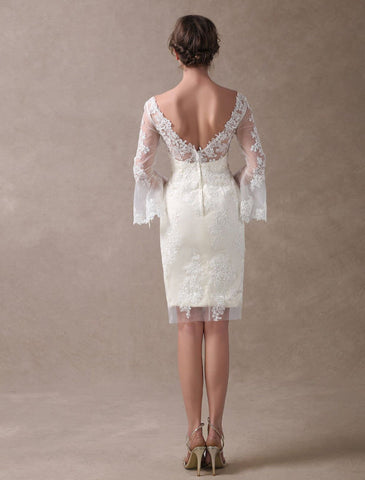 Boho Wedding Dresses Short Sheath Beach Bridal Dress Bell Sleeve Lace Applique V Neck Knee Length Summer Wedding Gowns Exclusive