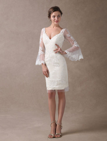 Boho Wedding Dresses Short Sheath Beach Bridal Dress Bell Sleeve Lace Applique V Neck Knee Length Summer Wedding Gowns Exclusive