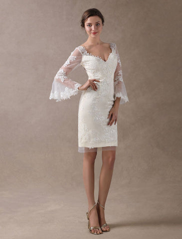 Boho Wedding Dresses Short Sheath Beach Bridal Dress Bell Sleeve Lace Applique V Neck Knee Length Summer Wedding Gowns Exclusive