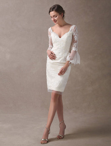 Boho Wedding Dresses Short Sheath Beach Bridal Dress Bell Sleeve Lace Applique V Neck Knee Length Summer Wedding Gowns Exclusive