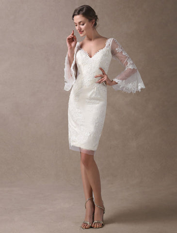 Boho Wedding Dresses Short Sheath Beach Bridal Dress Bell Sleeve Lace Applique V Neck Knee Length Summer Wedding Gowns Exclusive