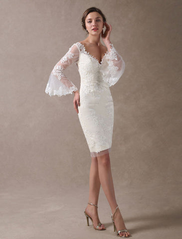 Boho Wedding Dresses Short Sheath Beach Bridal Dress Bell Sleeve Lace Applique V Neck Knee Length Summer Wedding Gowns Exclusive