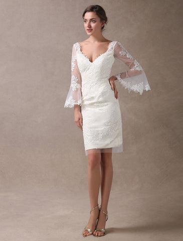 Boho Wedding Dresses Short Sheath Beach Bridal Dress Bell Sleeve Lace Applique V Neck Knee Length Summer Wedding Gowns Exclusive