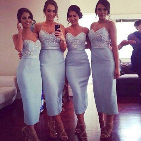 Blue Sheath Tea Length Spaghetti Straps Short Bridesmaid Dress, Wedding Party Dress