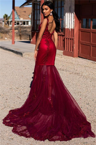 Burgundy Evening Gowns Straps Appliques Tulle Mermaid Prom Dresses