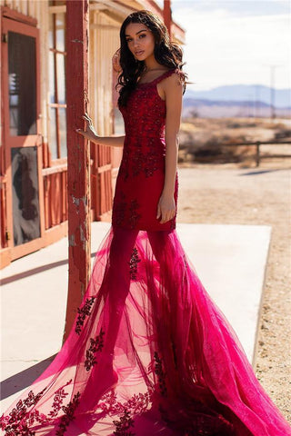 Burgundy Evening Gowns Straps Appliques Tulle Mermaid Prom Dresses