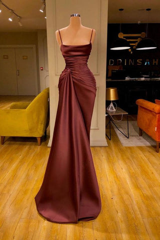 Burgundy Mermaid Ruffles Prom Dress Long Spaghetti-Straps