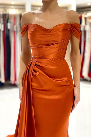 Burnt Orange Mermaid Prom Dress Long With Split Off-the-Shoulder