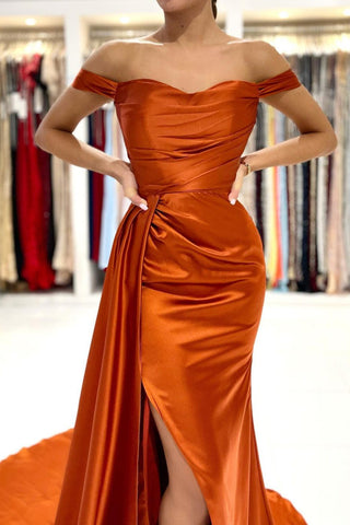 Burnt Orange Mermaid Prom Dress Long With Split Off-the-Shoulder