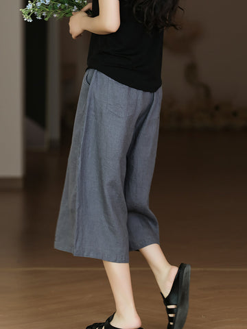 Women Summer Solid Casual Pocket Wide-leg Linen Pants