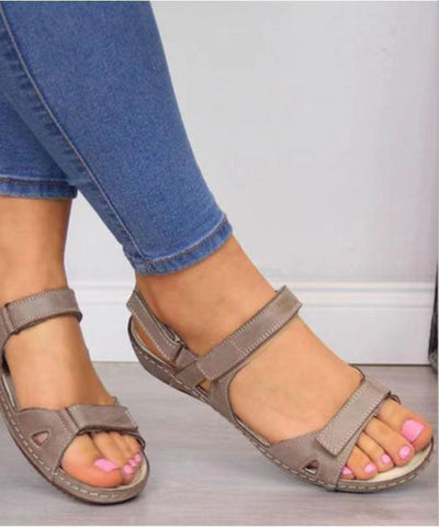 0508Boho Splicing Peep Toe Wedge Sandals Brown Faux Leather
