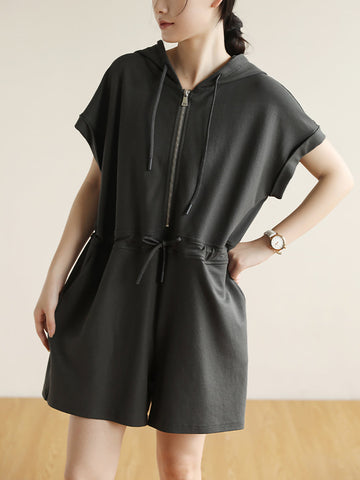 Women Summer Casual Solid Drawstring Cotton Hooded Jumpsuits