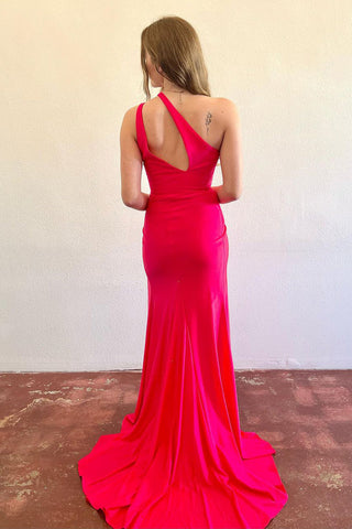 Simple Mermaid Red Satin One Shoulder Long Prom Dress with Slit