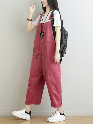 Women Summer Casual Solid Pocket Frayed Loose Jumpsuits
