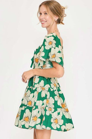 Full Size Daisy Print Mini Summer Dress with Ribbon Details