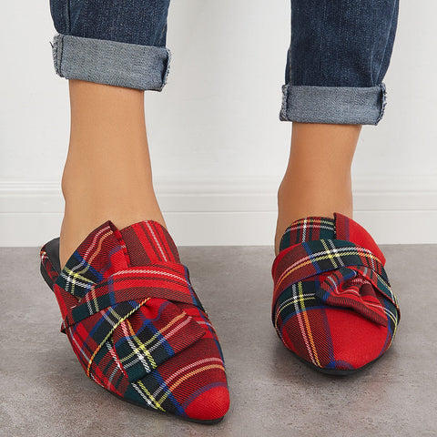 Pointed Toe Bowtie Flat Mule Loafers Walking Slippers
