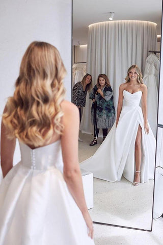 Bmbridal White Pure Satin Sweetheart Wedding Dress Long With Split