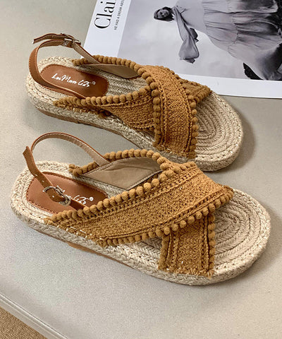 Braune flache Sandalen Strickstoff Bequemes Spleißen Peep Toe Schnallenriemen