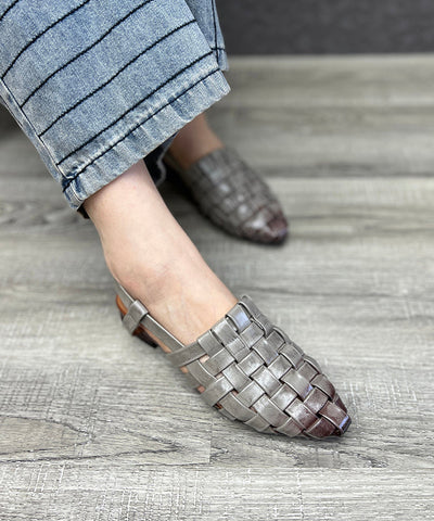 Beautiful Splicing Chunky Hollow Out Sandals Grey Cowhide Leather