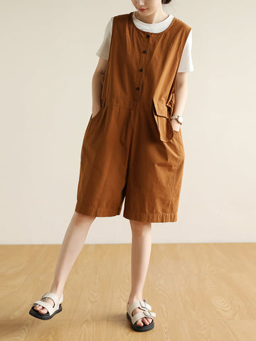 Women Summer Solid Retro Pocket Button Vest Short Jumpsuits