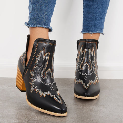 Western Ankle Cowgirl Boots Slip on Cutout Chunky Heel Booties
