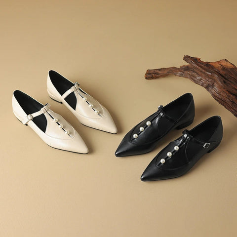 - Plus Size 41 42 43 Spring Autumn New Pointed Toe Pearls T-strap Buckle Mary Jane Shoes Women's Comfortable Flats Loafers Shoes