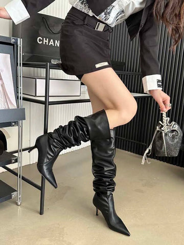 Sexy Women Over The Knee Boots Chelsea Booties Pointed Toe Blue Black White Denim Cloth Winter Dress Shoes Slip On Autumn Boots