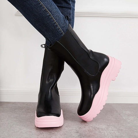 Platform Lug Sole Mid Calf Chelsea Boots Chunky Block Heel Booties