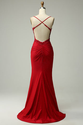 Mermaid Spaghetti Straps Dark Green Long Prom Dress with Appliques