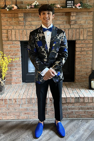 Blue Jacquard 2 Pieces Shawl Lapel Men Prom Suits