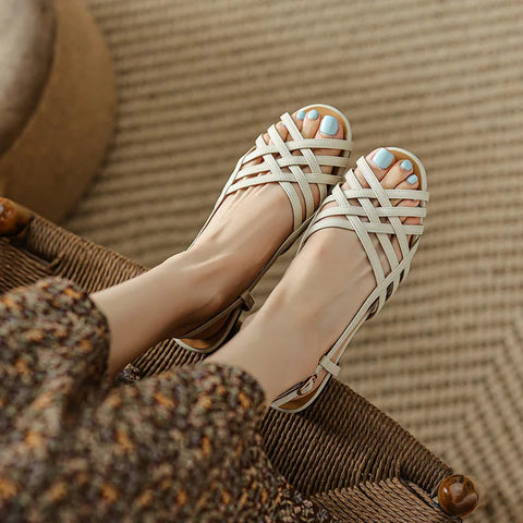 Elegant Retro Women Flat Sandals 2024 Trend Summer Casual Ladies Shoes High Quality PU Leather Slip On Sandals Slippers
