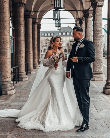 Bmbridal Detachable Sleeves Lace Wedding Dress Mermaid Overskirt