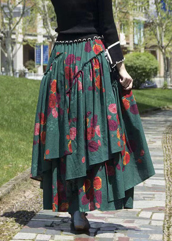 Style Green Asymmetrical Print Elastic Waist A Line Skirt Fall