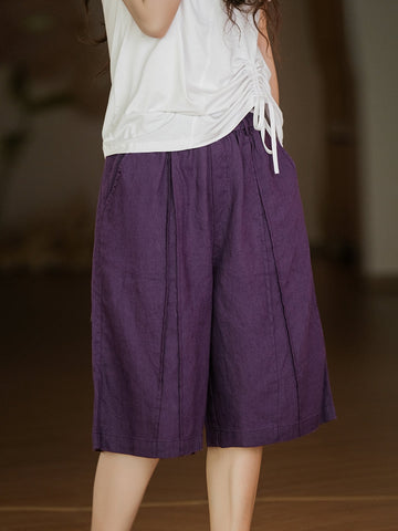 Women Summer Casual Solid Stitching Straight-leg Linen Pants