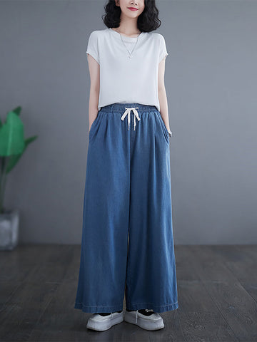 Women Summer Thin Solid Drawstring Wide-leg Denim Pants