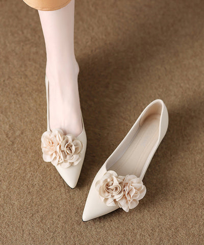 Beige Kunstleder Flache Füße Schuhe Spleißen Floral Spitzschuh