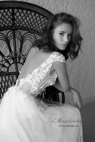 Ivory See-through Cap Sleeves Boho Wedding Dresses, Beach Wedding Dress