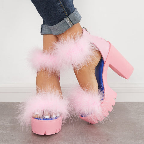 Furry Platform Chunky High Heels Open Toe Ankle Strap Sandals