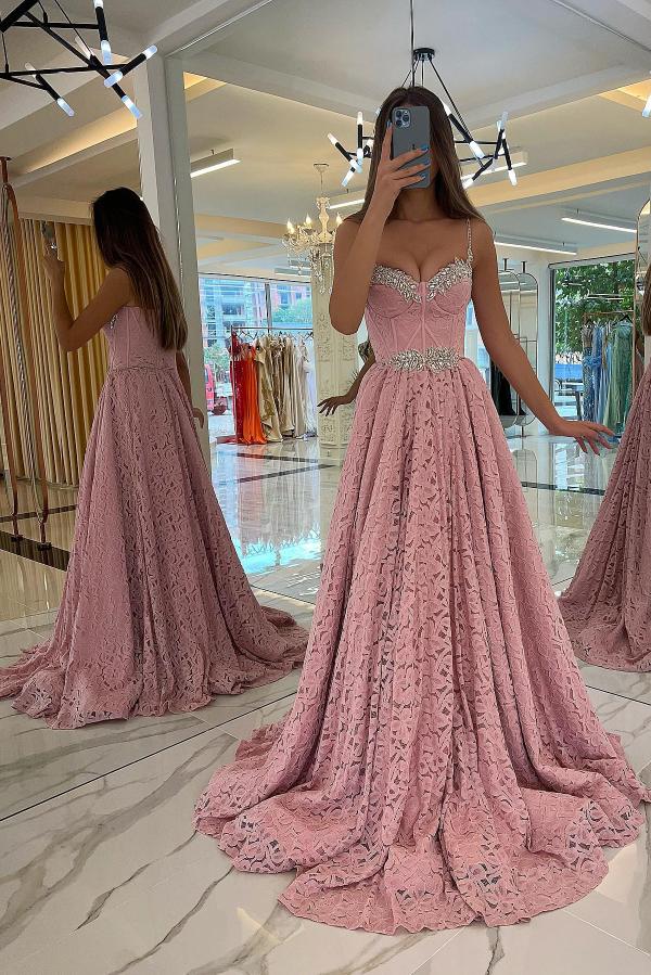 Bmbridal Pink Lace A-Line Prom Dress Sleeveless With Beads