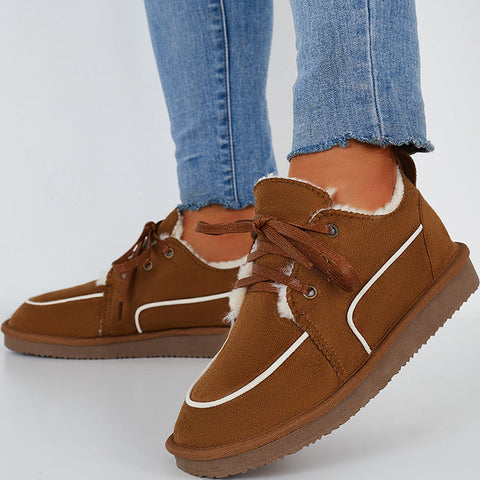 Flache Schneestiefel mit Schnürung, warme Loafer-Schuhe mit Kunstfellfutter