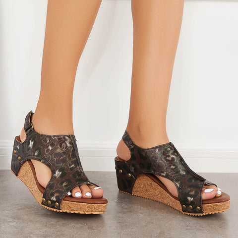 Cork Platform Wedges Slingback Ankle Buckle Strap Sandals