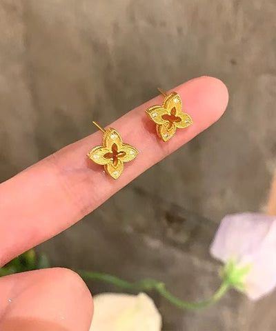 Art Gold Copper Overgild Zircon Floral Hollow Out Stud Earrings