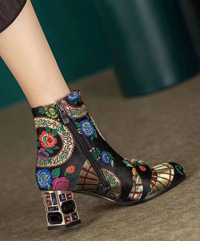 Bohemian Black Embroidery Nail Bead Zircon Chunky Heel Boots