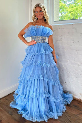 Trendy A-Linie trägerloses blaues langes Ballkleid mit Perlenbesatz