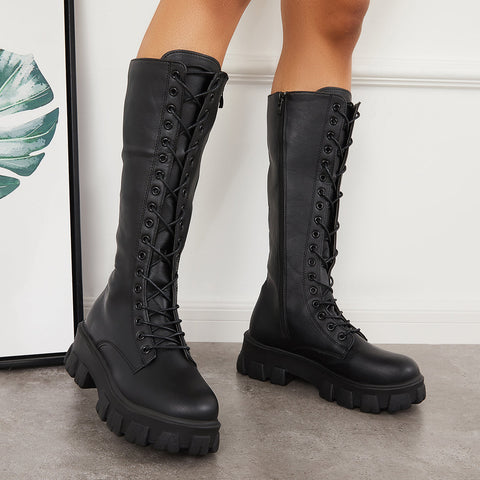 Lace Up Platform Heel Knee High Boots Lug Sole Combat Boots