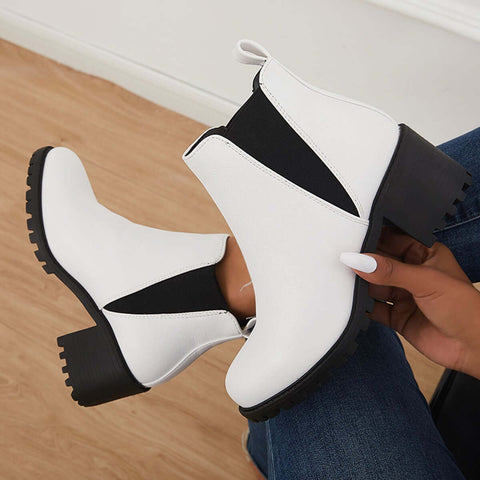 Faux Leather Chelsea Lug Boots Slip-On Chunky Heel Ankle Booties