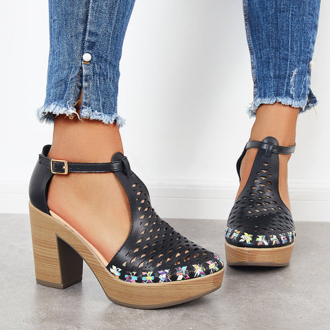 Platform Block Chunky High Heels Ankle T-Strap Cutout Sandals