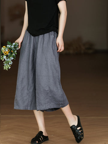 Women Summer Solid Casual Pocket Wide-leg Linen Pants