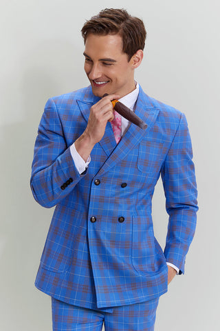 Blue Plaid Men's 3 Piece Tuxedo Suits