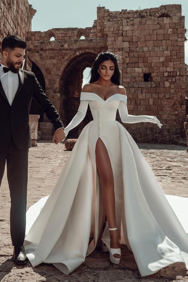Bmbridal Long Sleeves Wedding Dress Off-the-Shoulder With Slit